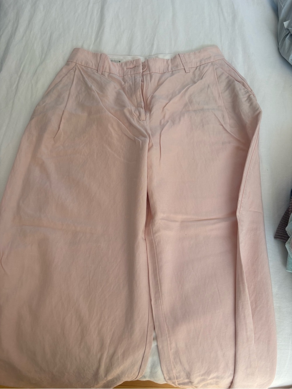 Zara Pale Pink Wide-Leg Cotton Blend Pants - linen light pink